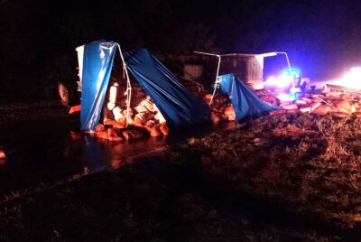 SE DESPRENDIO UN ACOPLADO DE UN CAMION Y VOLCO SOBRE LA 205, CARGADO DE POLLOS